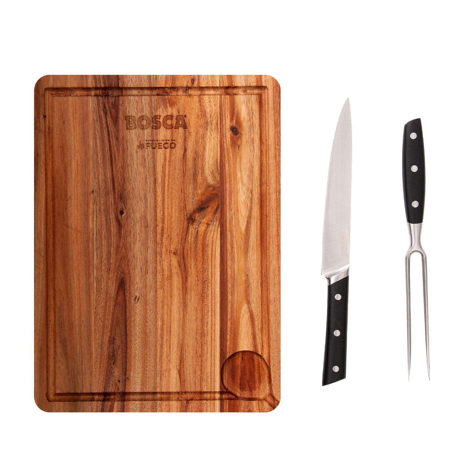 TABLA PARRILLERA + CUCHILLO Y TENEDOR BOSCA - 3