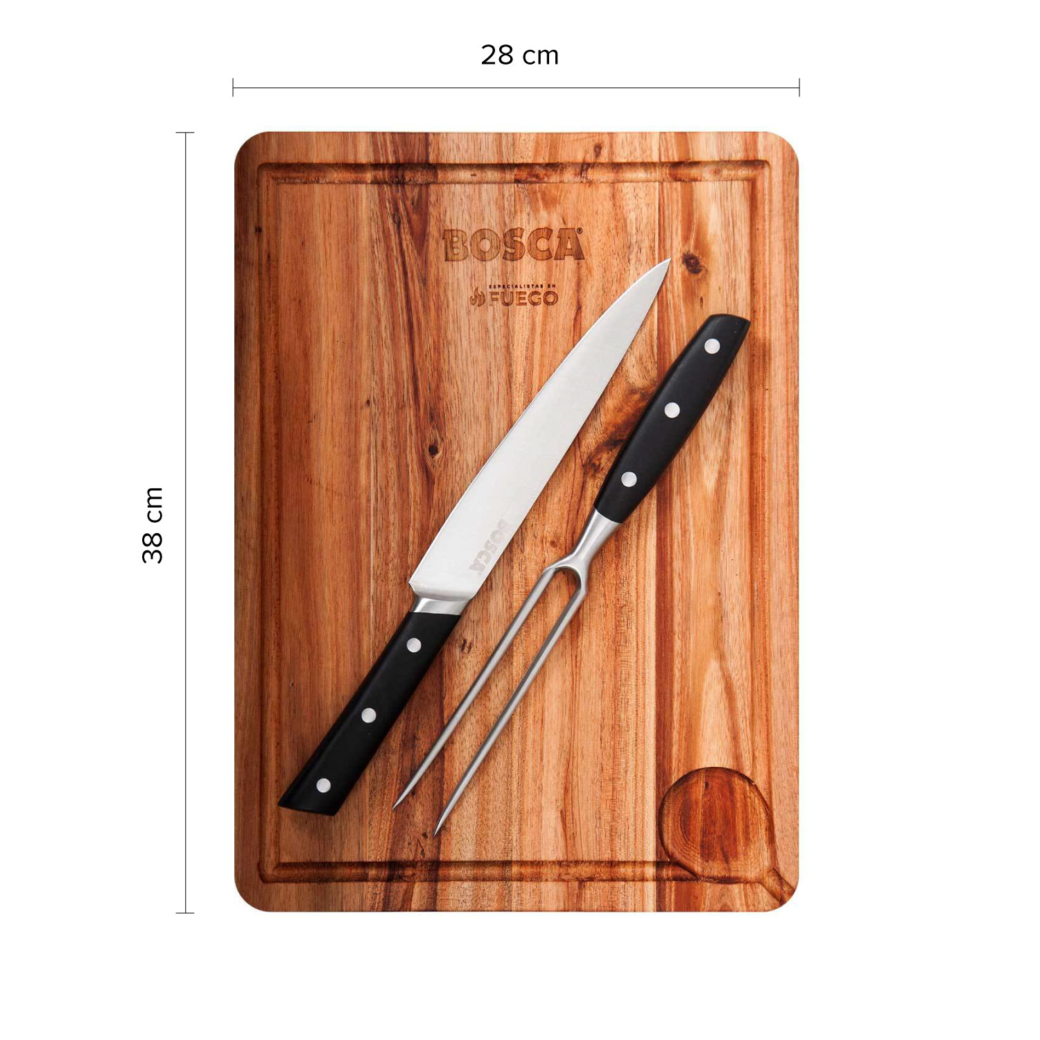 TABLA PARRILLERA + CUCHILLO Y TENEDOR BOSCA - 4