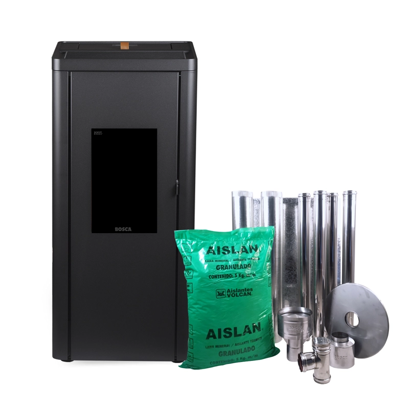 ESTUFA A PELLET AMG SILENZIO FORGYA BLACK VISION + KIT DE INSTALACION INTERIOR - 1