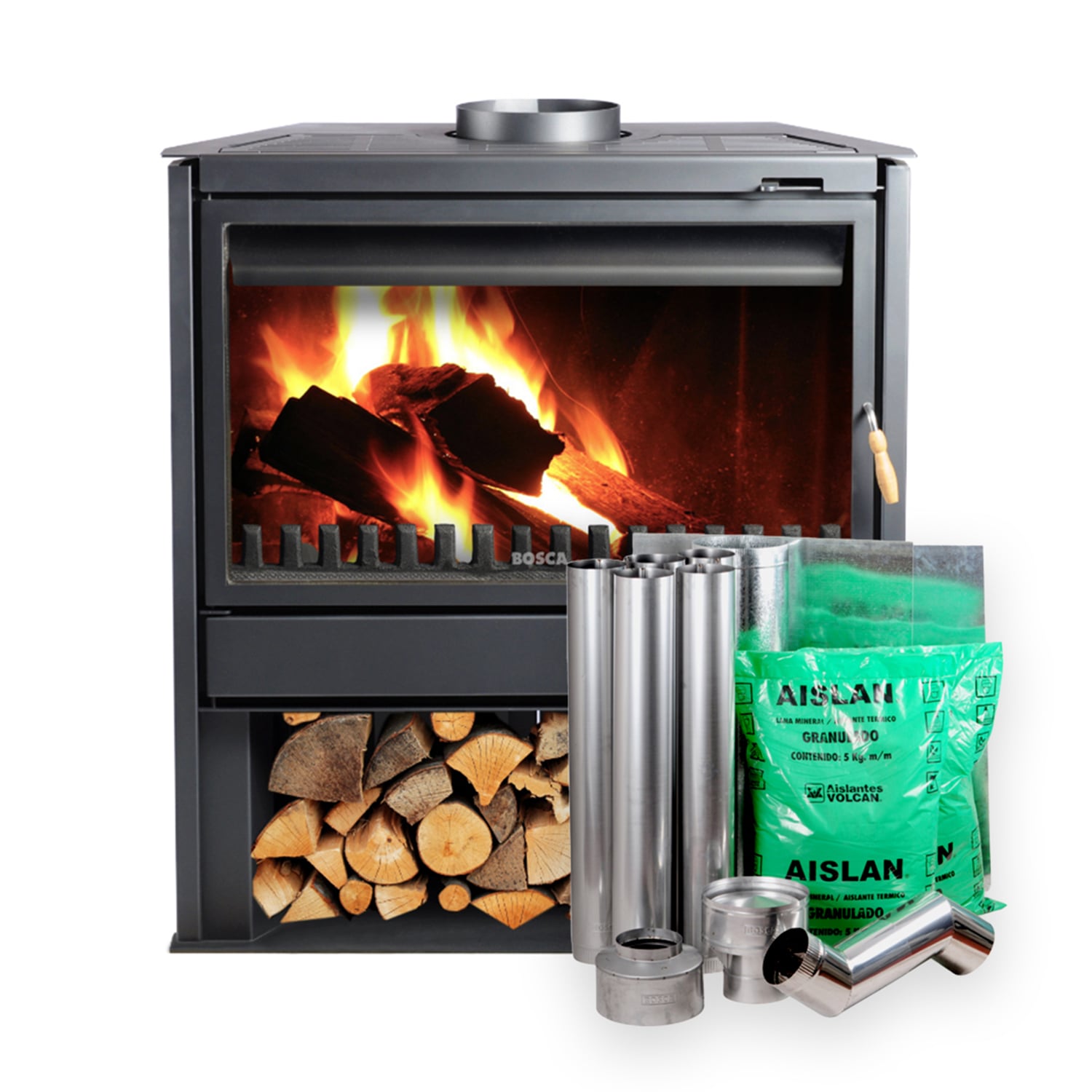 PACK CALEFACTOR A LEÑA CHIMENEA FREESTANDING 850 + KIT INSTALACION - 1