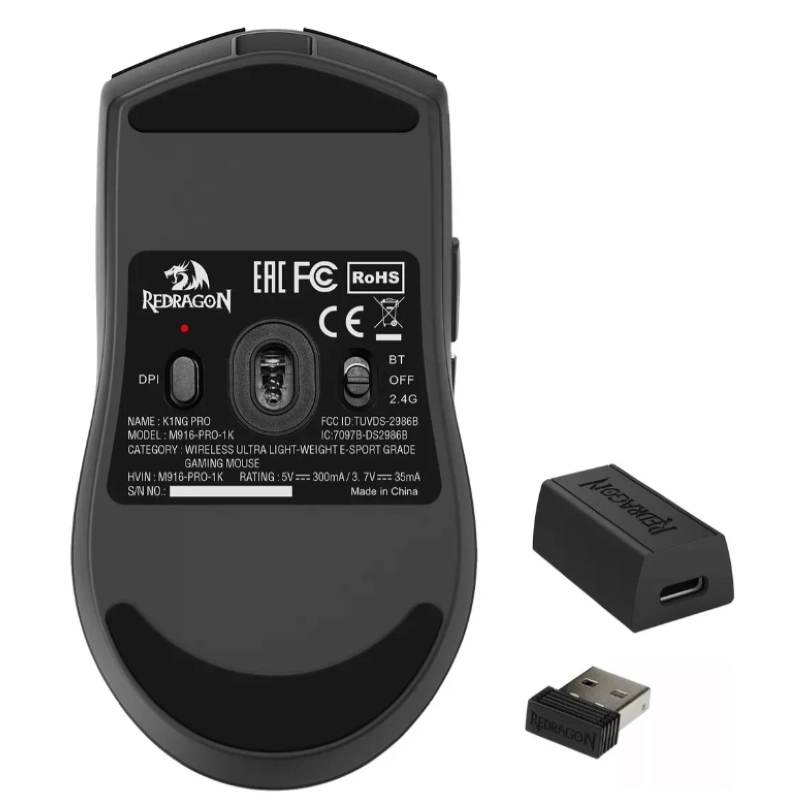MOUSE GAMER INALAMBRICO REDRAGON NEGRO K1NG M916 PRO 1K 26000 DPI 49G BT 2.4GHZ USB-C - 3