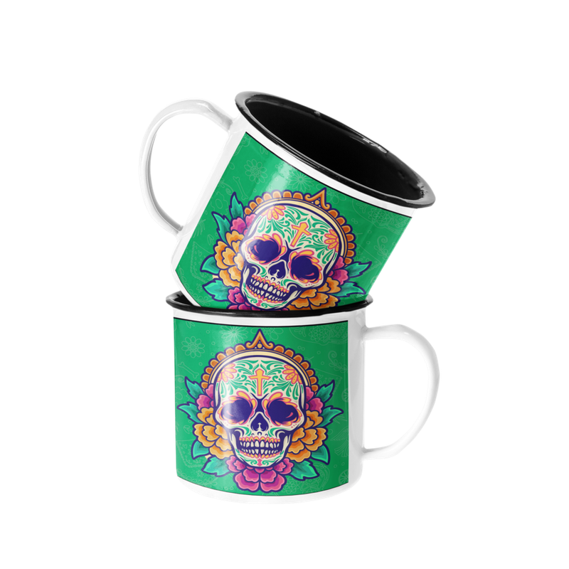 TAZA ENLOZADA CATRINA ESQUELETO VERDE FLORES ESQUELETO - 1