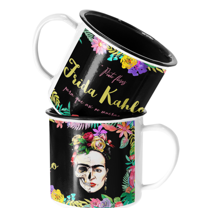 TAZA ENLOZADA LECHERA FRIDA KHALO PINTO FLORES Y NO MUERAN - 1