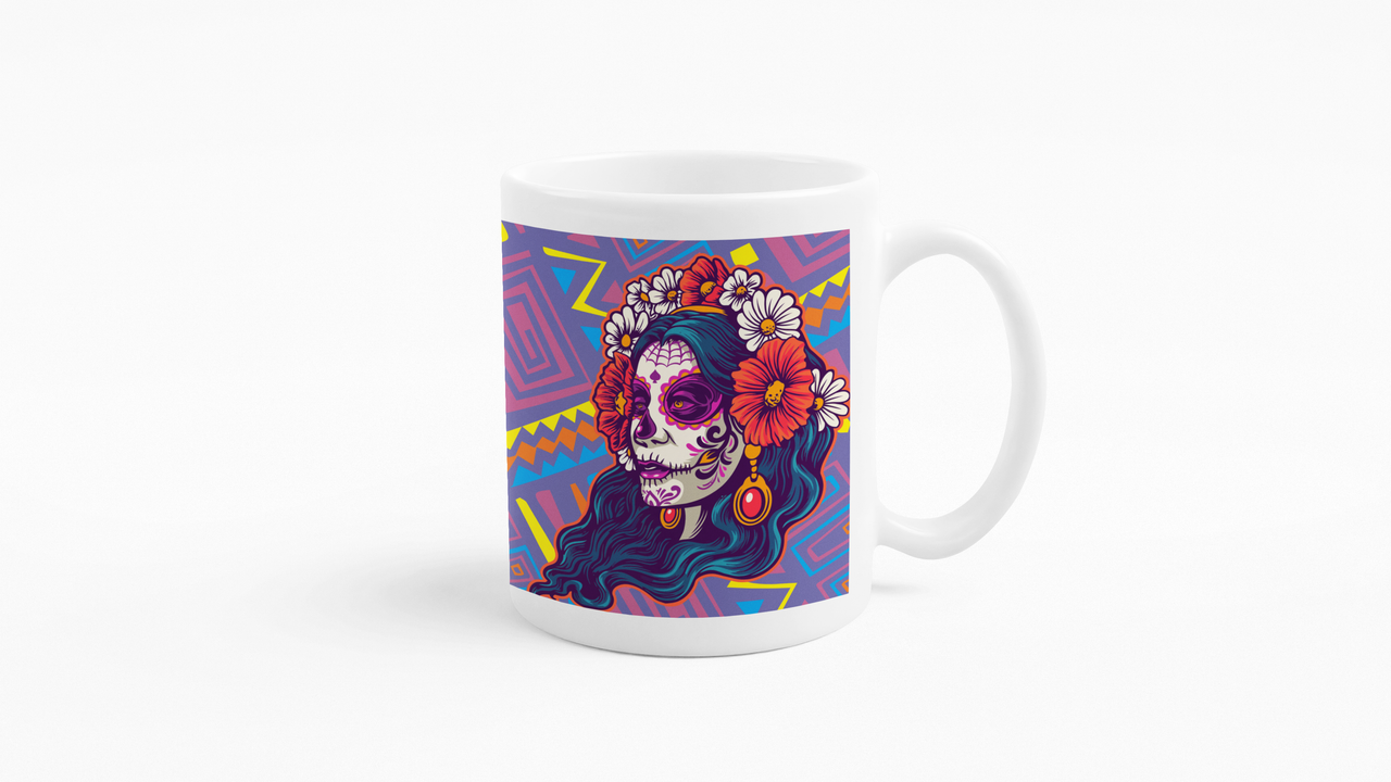 TAZONES TAZAS BLANCAS CATRINA MUJER FLOREADA ESQUELETO - 2