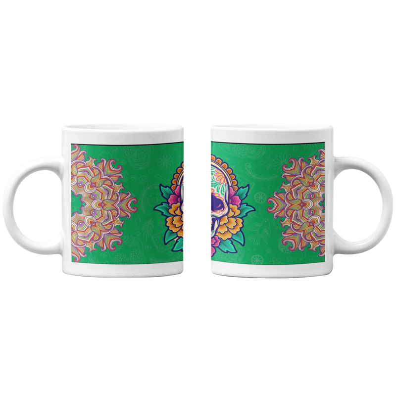 TAZONES TAZAS BLANCAS CATRINA ESQUELETO VERDE FLORES - 1