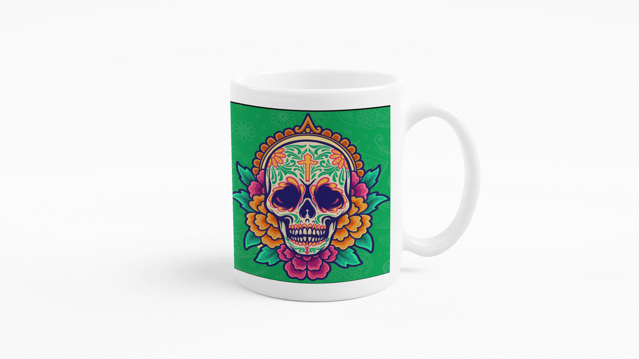 TAZONES TAZAS BLANCAS CATRINA ESQUELETO VERDE FLORES - 2