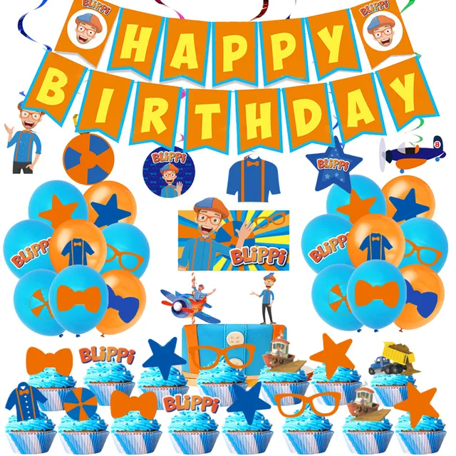 PACK CUMPLEAÑOS BLIPPI GLOBOS TOPPERS CINTA, COTILLON Y MAS - 1