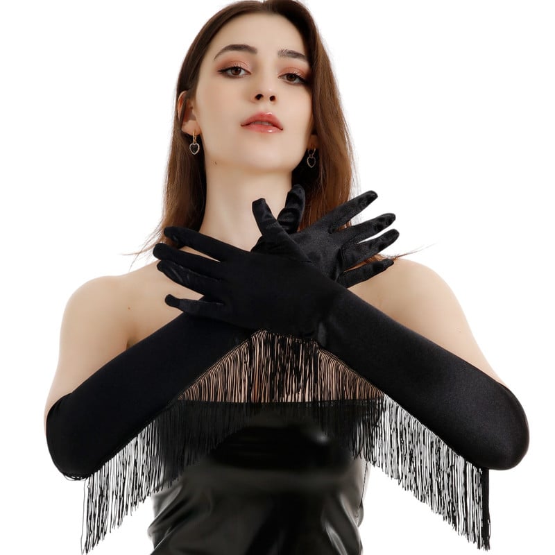 GUANTES TERCIOPELO NEGRO LARGOS CON FLECOS ELEGANTES DAMA ELEGANTE SATIN - 1
