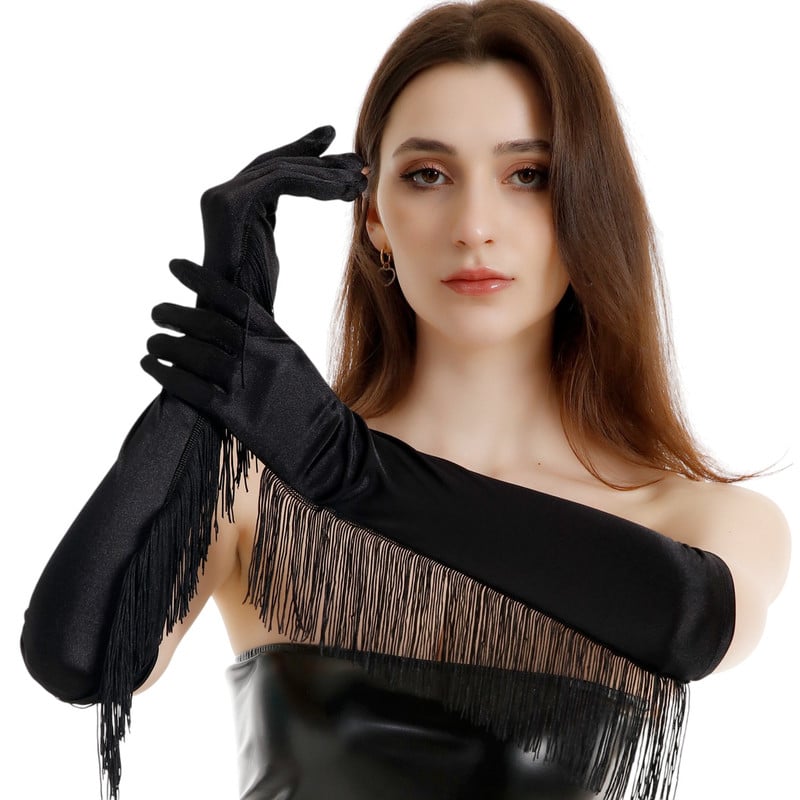 GUANTES TERCIOPELO NEGRO LARGOS CON FLECOS ELEGANTES DAMA ELEGANTE SATIN - 4
