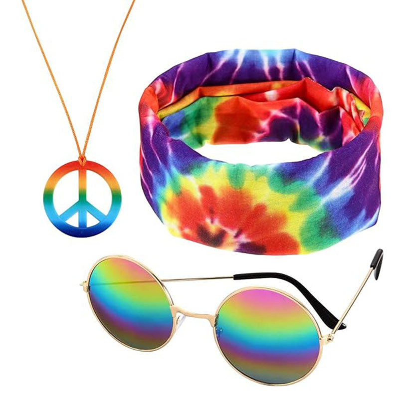 SET DE DISFRAZ HIPPIE LENTES BANDANA Y COLLAR - 1