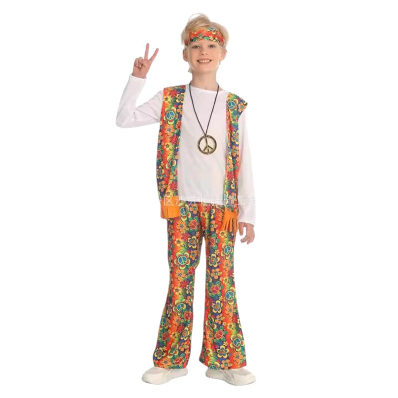 Disfraz De Niño Hippie De Los Años 70 – Set Con Cinta Para El Pelo, Camiseta Tie-Dye Multicolor, Chaleco Y Pantalón, Talla 5-6 Años, Ideal Para Fiestas Y Carnaval
