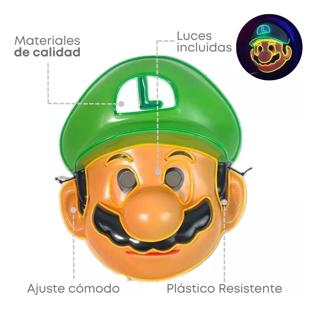 MASCARA ACCESORIO COSPLAY LUIGI LED PARA FIESTA SUPER MARIO - VERDE - 2