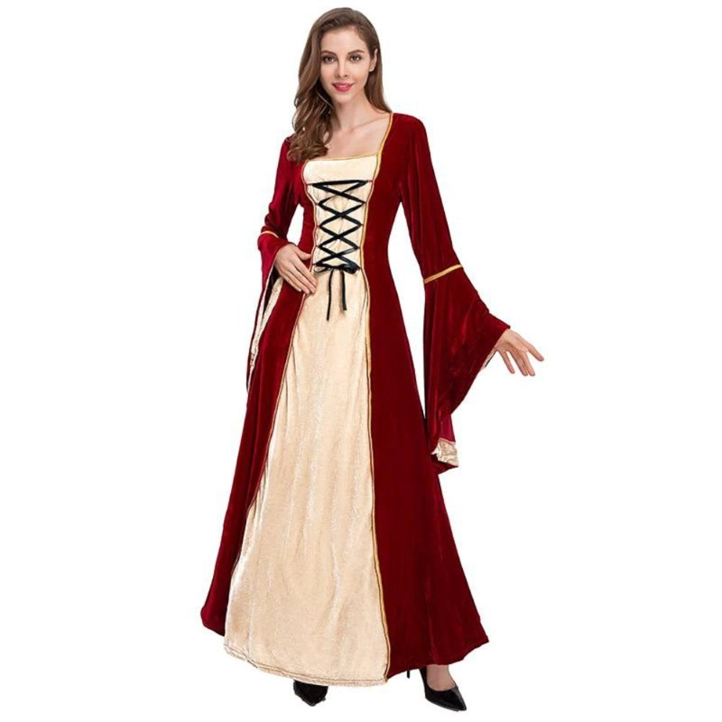 DISFRAZ MEDIEVAL RENACENTISTA PARA MUJER  VESTIDO LARGO CON CORDONES GOTICO - BURDEO - XL - 1
