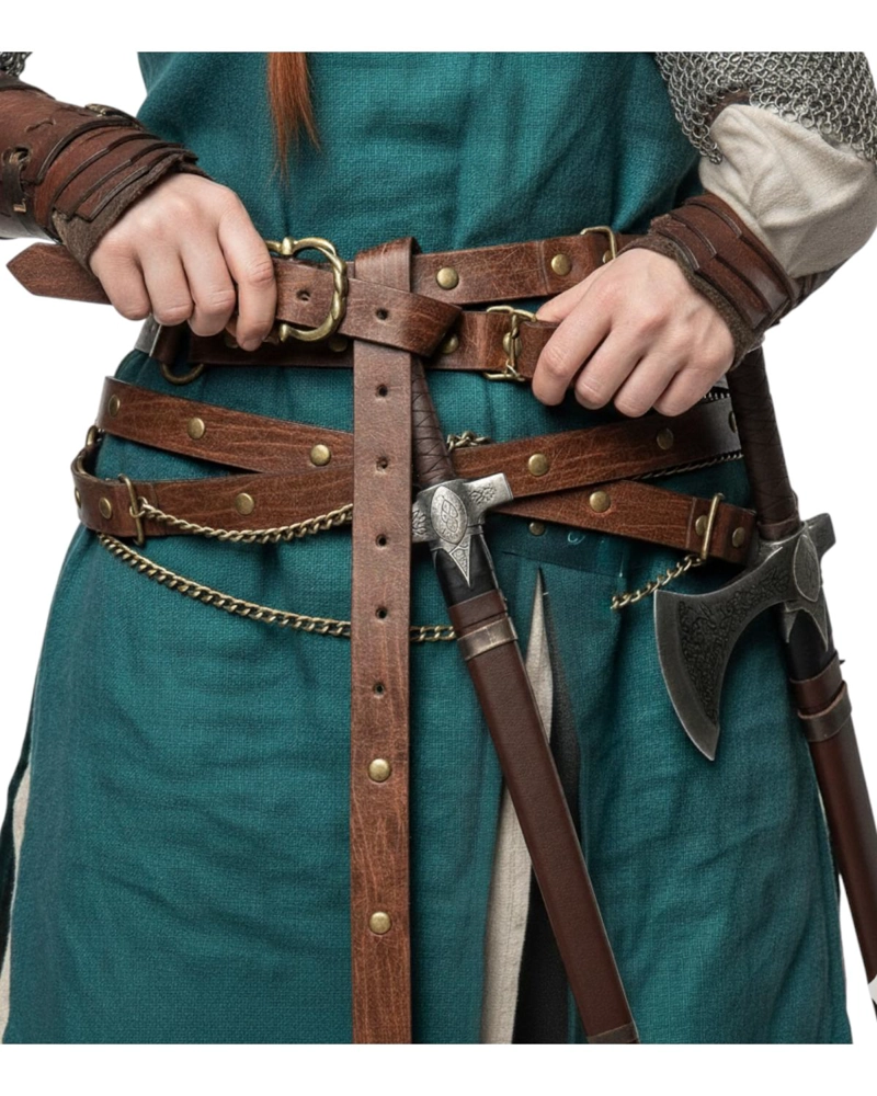 CINTURON VIKINGO MEDIEVAL CUERO SINTE TICO ACCESORIO COSPLAY - MARRON - 2