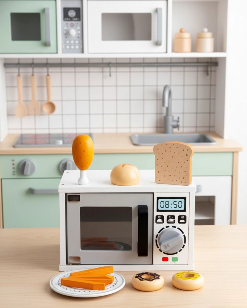 MICROONDAS DE MADERA INFANTIL CON ACCESORIO JUGUETE COCINA - BLANCO - 4