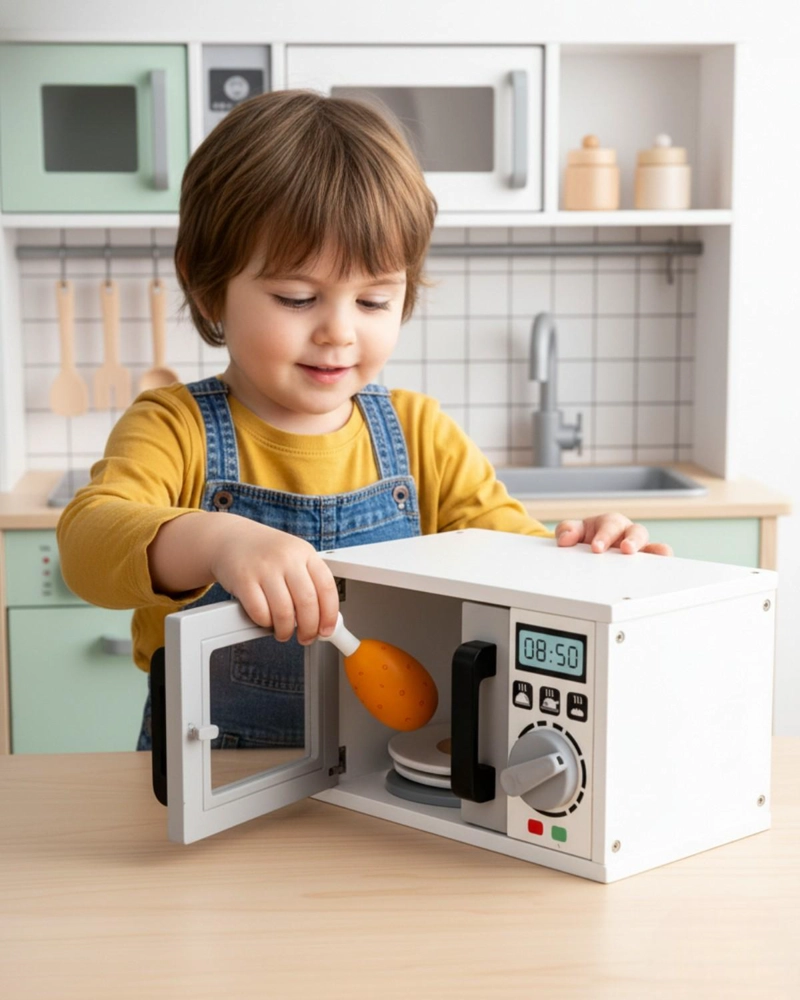 MICROONDAS DE MADERA INFANTIL CON ACCESORIO JUGUETE COCINA - BLANCO - 7