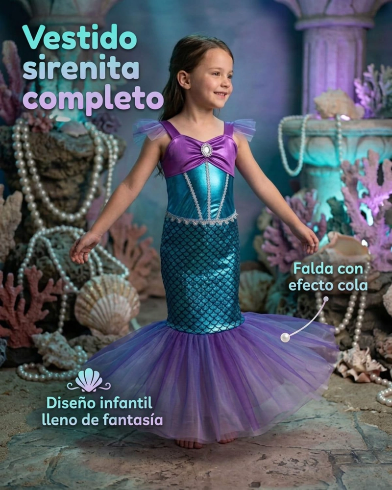 DISFRAZ COSPLAY PRINCESA SIRENITA INFANTIL PARA NIÑAS - VERDE - 10 - 3