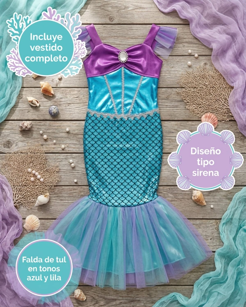 DISFRAZ COSPLAY PRINCESA SIRENITA INFANTIL PARA NIÑAS - VERDE - 10 - 5