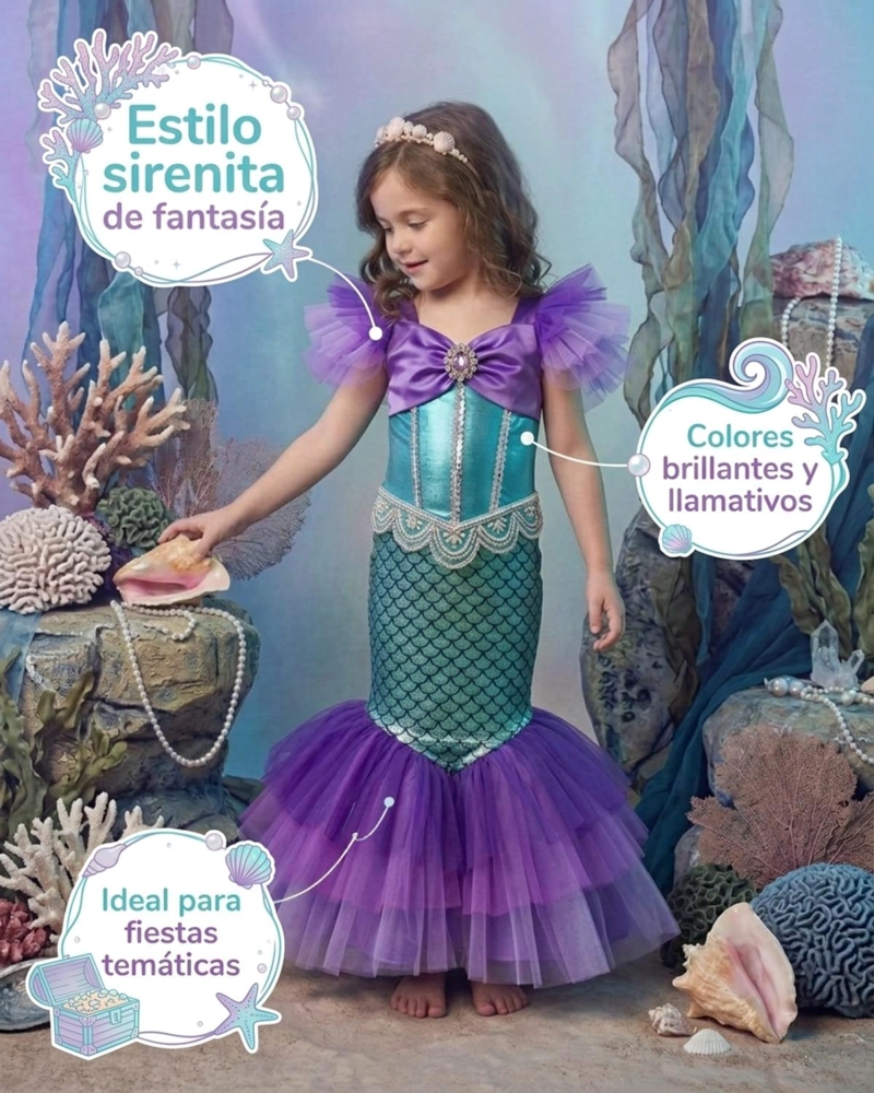 DISFRAZ COSPLAY PRINCESA SIRENITA INFANTIL PARA NIÑAS - VERDE - 10 - 7