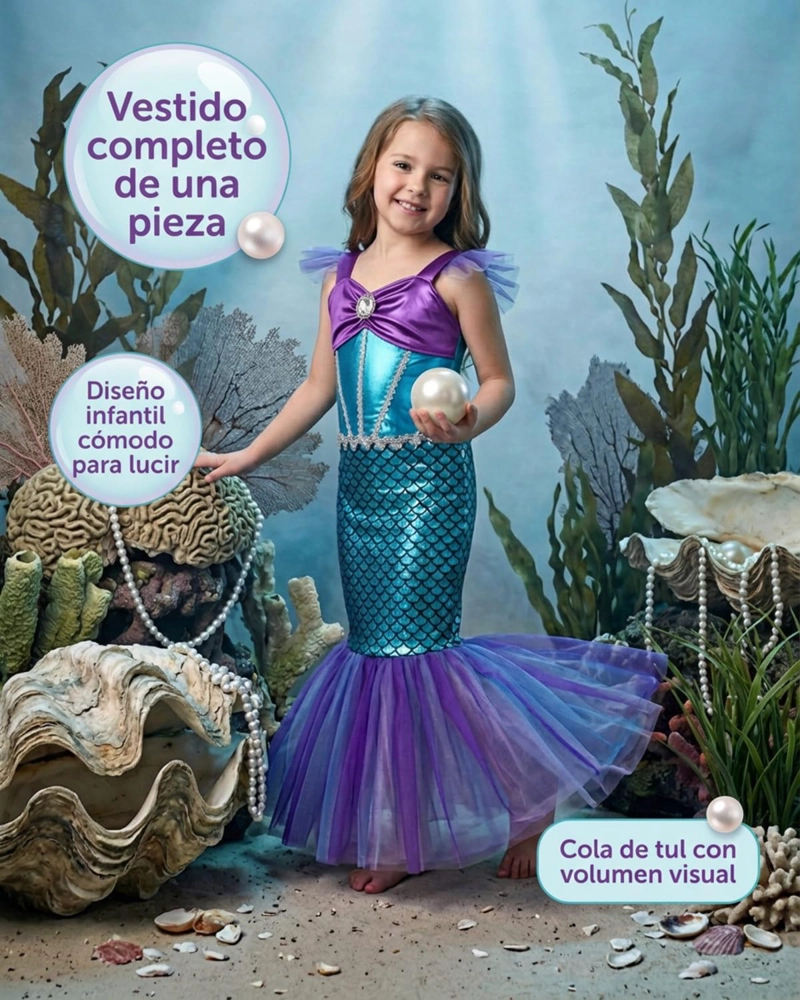 DISFRAZ COSPLAY PRINCESA SIRENITA INFANTIL PARA NIÑAS - VERDE - 10 - 8
