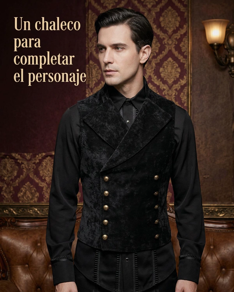 CHALECO GILLETTE DISFRAZ DE TERCIOPELO RETRO STEAMPUNK - NEGRO - XL - 7
