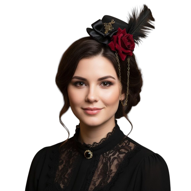 ACCESORIO PRENDEDOR MINI SOMBRERO CON ROSA Y PLUMA STEAMPUNK - NEGRO - 1
