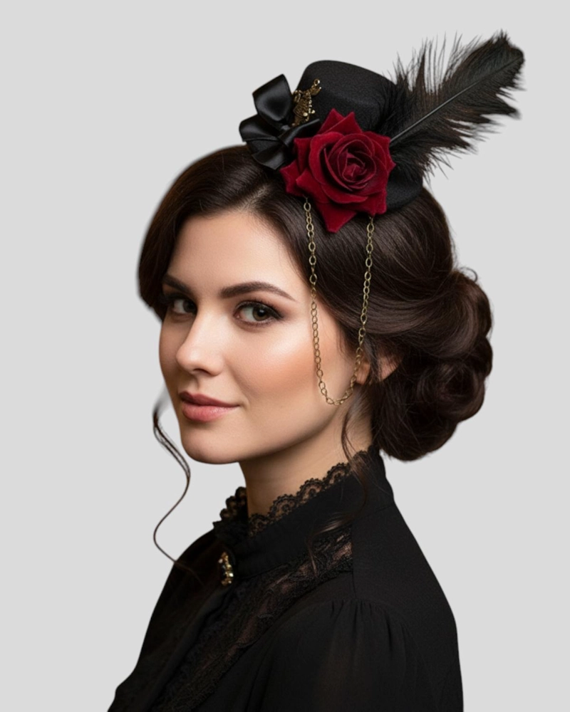 ACCESORIO PRENDEDOR MINI SOMBRERO CON ROSA Y PLUMA STEAMPUNK - NEGRO - 2