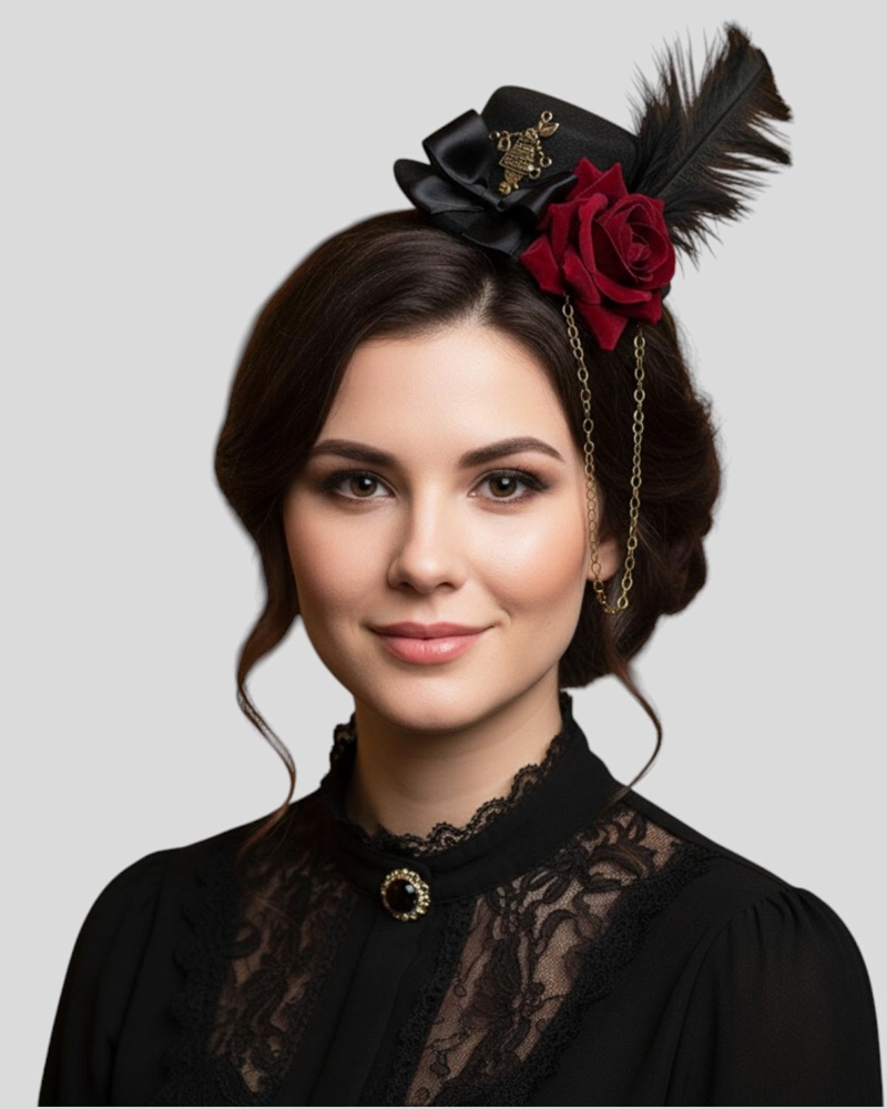 ACCESORIO PRENDEDOR MINI SOMBRERO CON ROSA Y PLUMA STEAMPUNK - NEGRO - 3