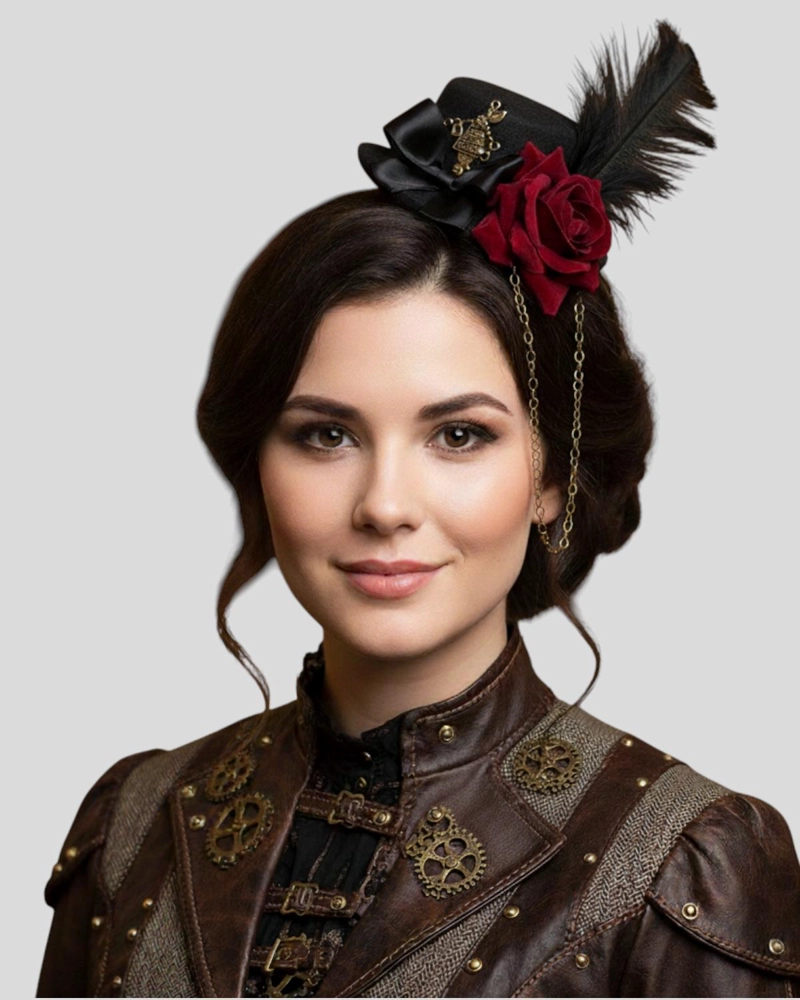 ACCESORIO PRENDEDOR MINI SOMBRERO CON ROSA Y PLUMA STEAMPUNK - NEGRO - 5