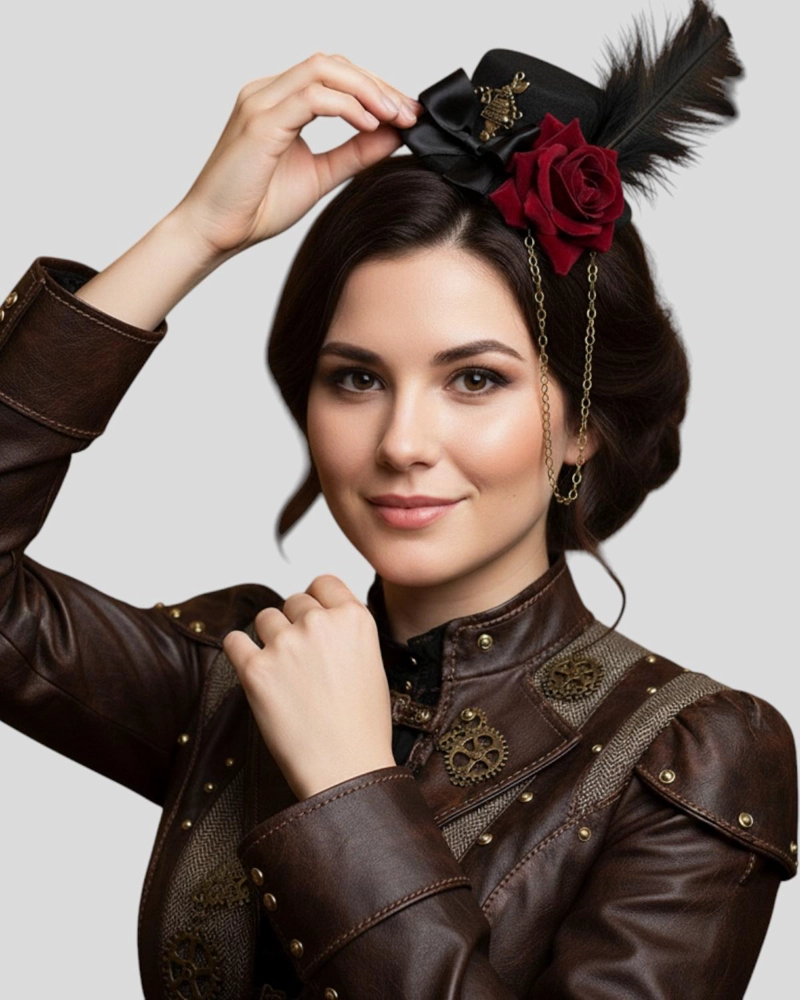 ACCESORIO PRENDEDOR MINI SOMBRERO CON ROSA Y PLUMA STEAMPUNK - NEGRO - 6