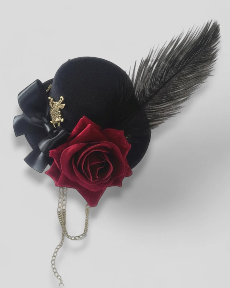 ACCESORIO PRENDEDOR MINI SOMBRERO CON ROSA Y PLUMA STEAMPUNK - NEGRO - 7