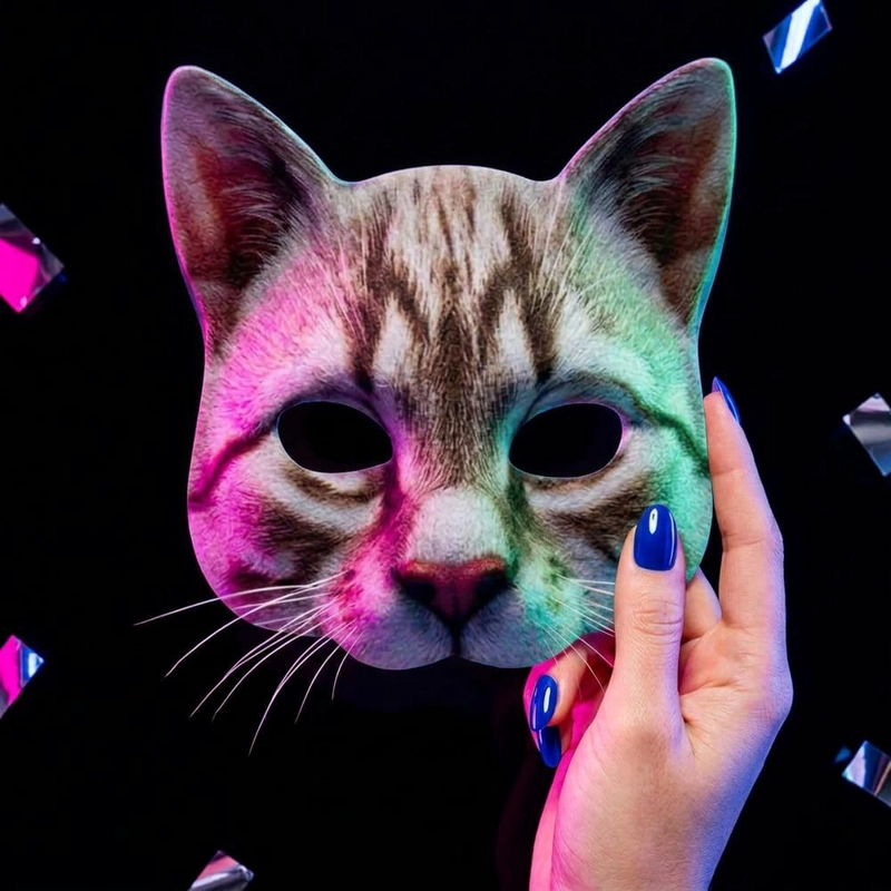 MASCARA DE GATO REALISTA DISFRAZ COTILLON HALLOWEEN - PLATEADO - 1