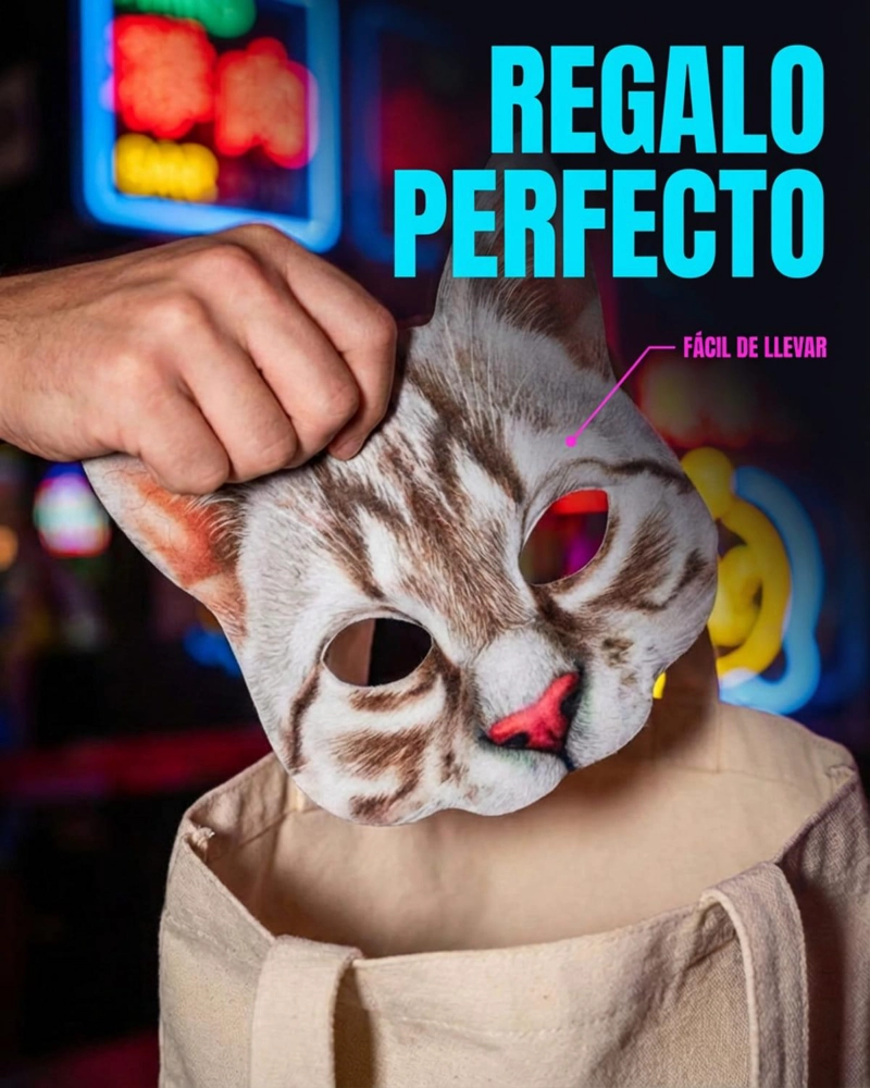 MASCARA DE GATO REALISTA DISFRAZ COTILLON HALLOWEEN - PLATEADO - 6