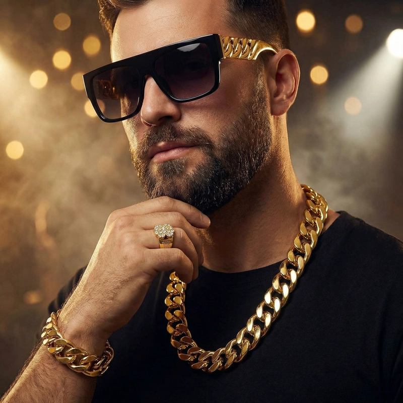 SET ACCESORIOS REGGAETON CON CADENA LENTES PULSERA Y ANILLO - DORADO - 1