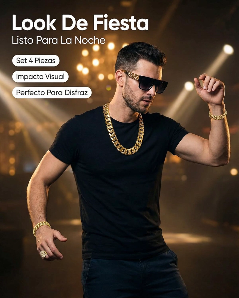 SET ACCESORIOS REGGAETON CON CADENA LENTES PULSERA Y ANILLO - DORADO - 5