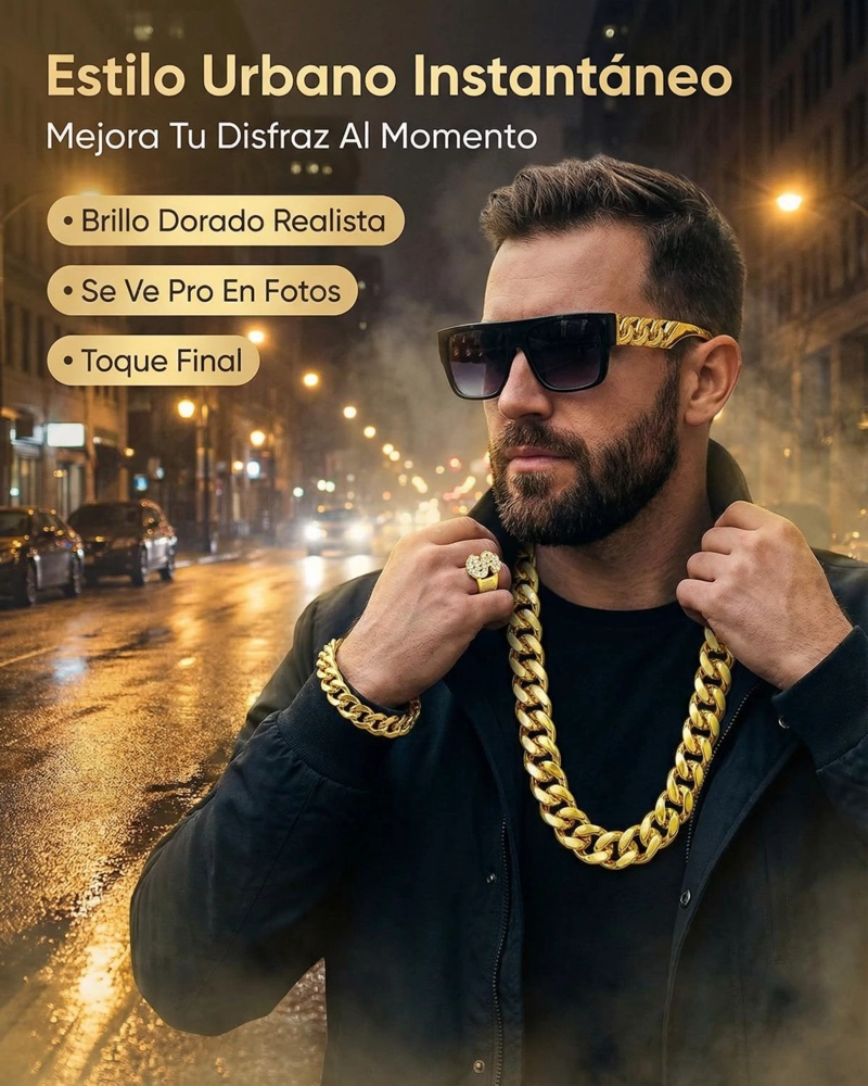 SET ACCESORIOS REGGAETON CON CADENA LENTES PULSERA Y ANILLO - DORADO - 6