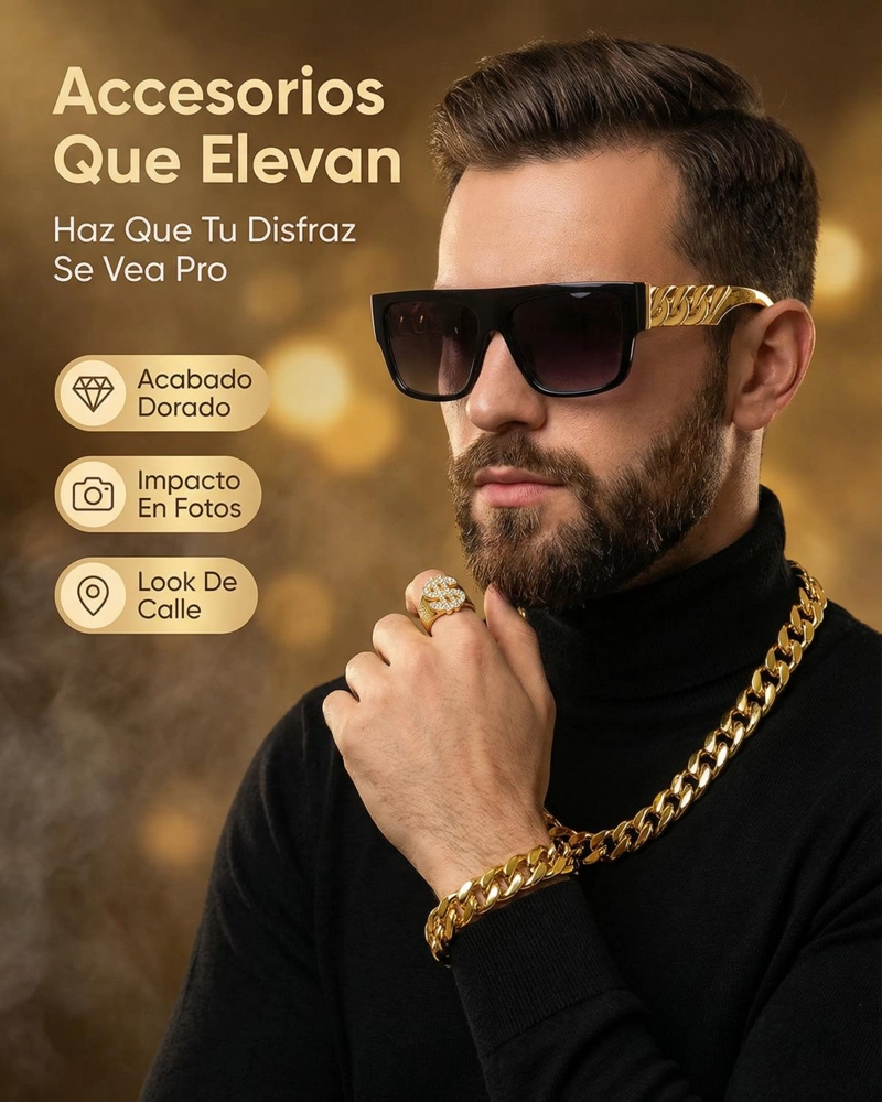 SET ACCESORIOS REGGAETON CON CADENA LENTES PULSERA Y ANILLO - DORADO - 8