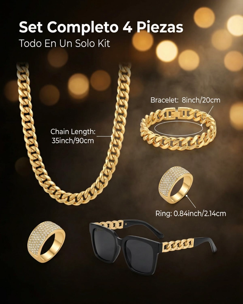 SET ACCESORIOS REGGAETON CON CADENA LENTES PULSERA Y ANILLO - DORADO - 9