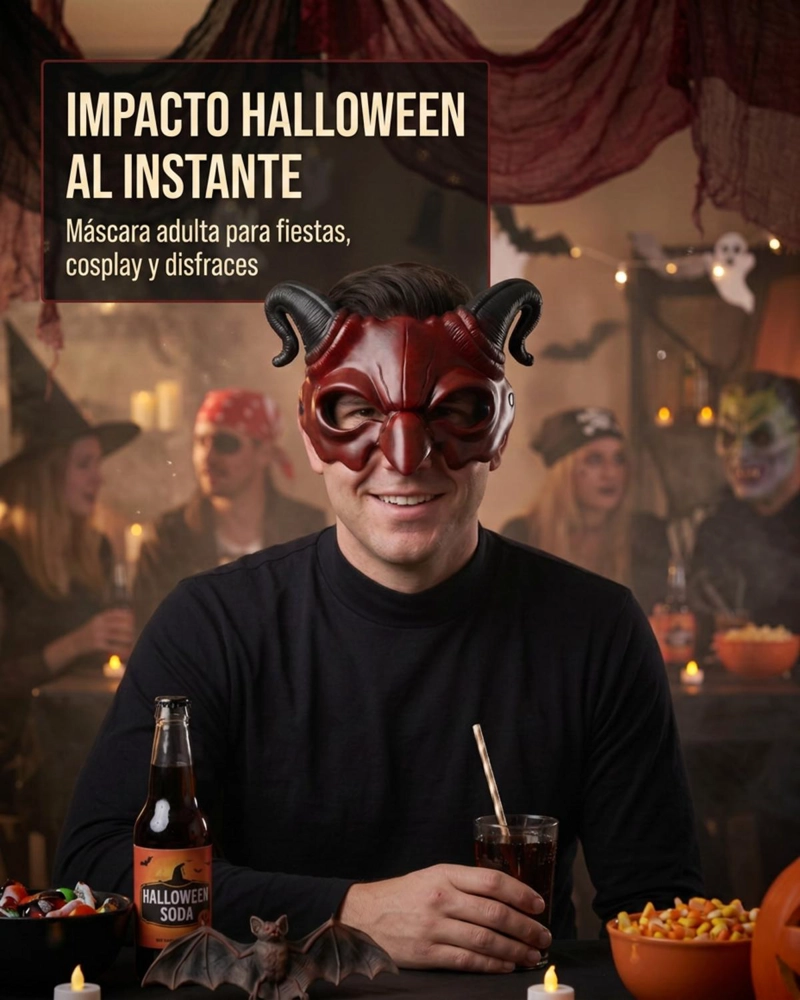 MASCARA DIABLO ADULTO LUCIFER HALLOWEEN CUERNOS - ROJO - 8