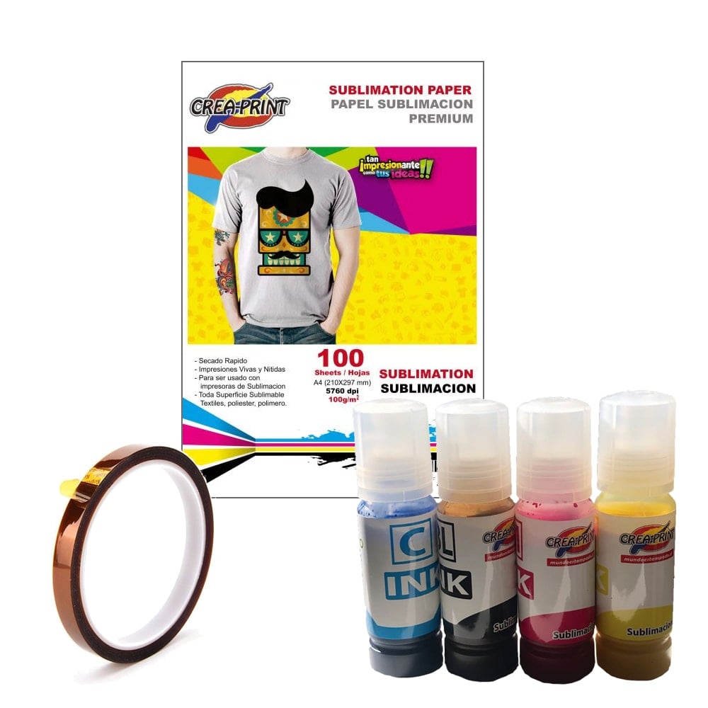 PACK CREAPRINT PREMIUM SUBLIMACION PAPEL PREMIUM 100G + TINTA + CINTA - 1