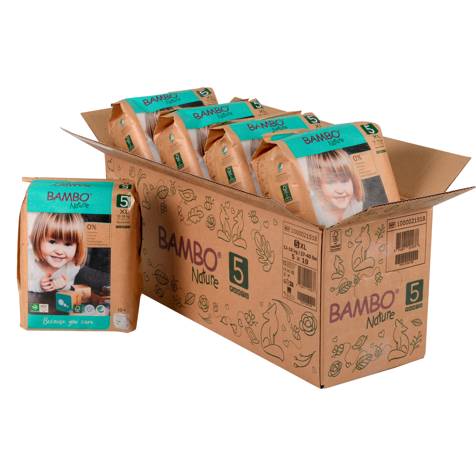 CAJA 5 PAQUETES BAMBO NATURE PAÑALES ECOLÓGICOS 95 UND PANTS 5 TALLA XL 11-17 KG - 1