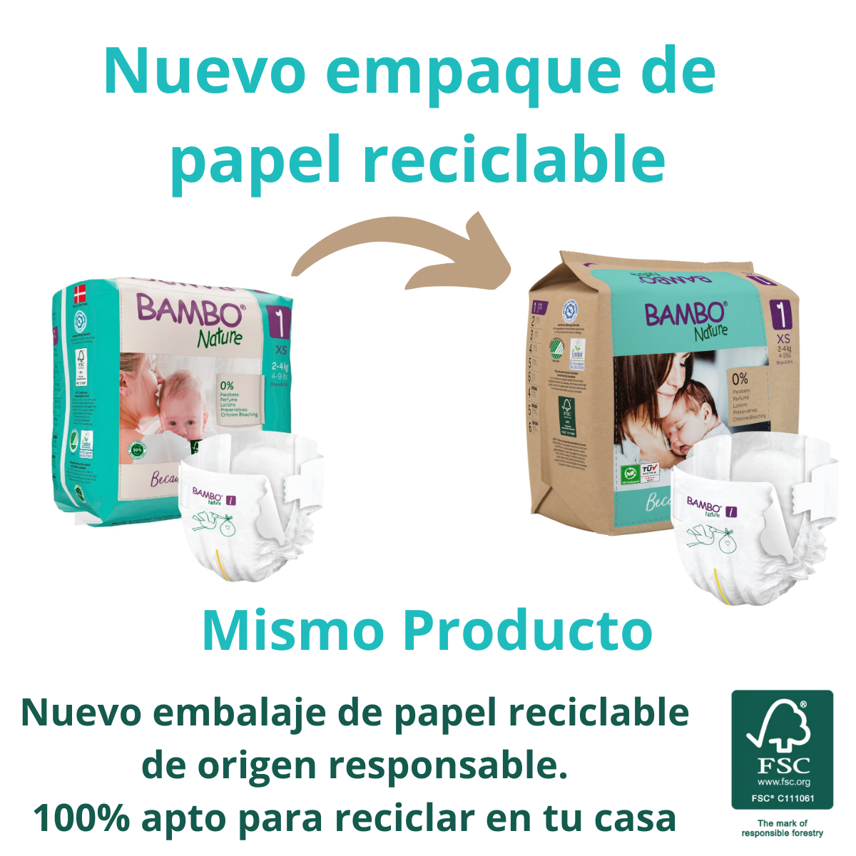 CAJA 6 PAQUETES BAMBO NATURE PAÑALES ECOLÓGICOS 132 UND 1 TALLA XS 2-4 KG - 8