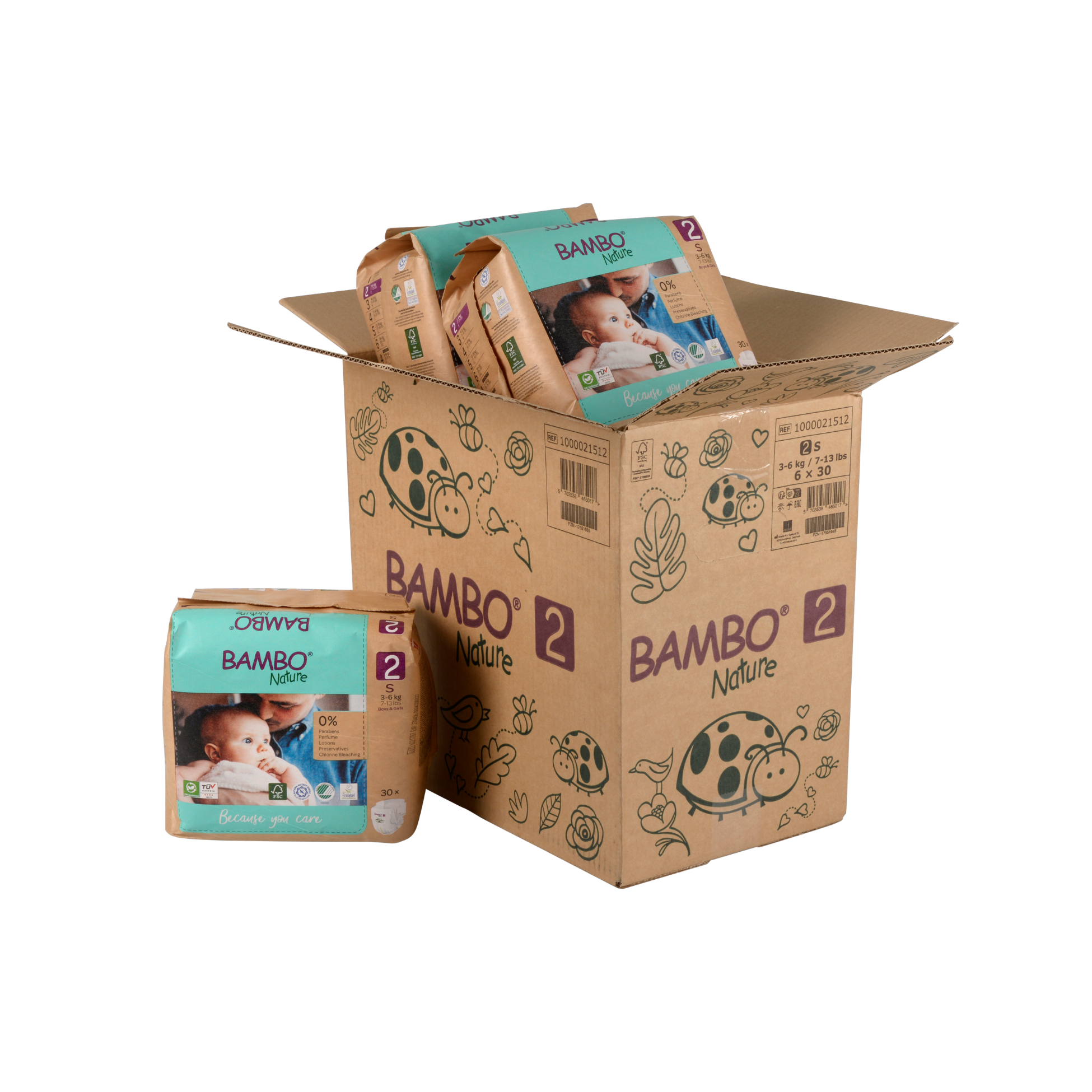 CAJA 6 PAQUETES BAMBO NATURE PAÑALES ECOLÓGICOS 180 UND 2 TALLA S 3-6 KG - 1