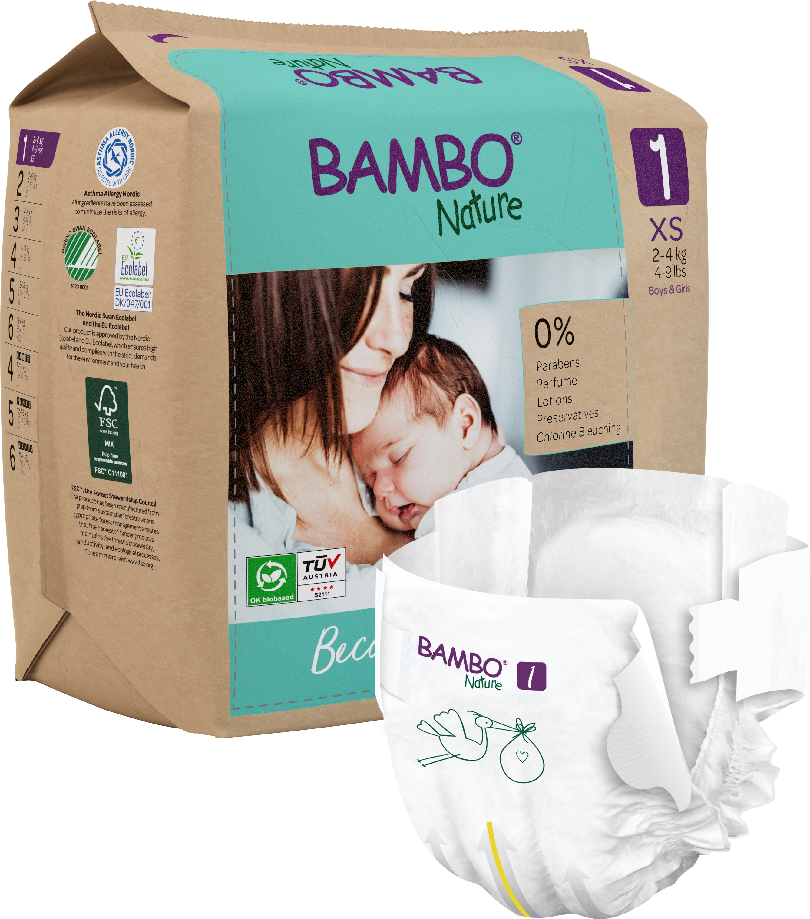 PAQUETE DE PAÑALES BAMBO NATURE ECOLÓGICOS 22 UND BEBÉ 1 TALLA XS 2-4 KG - 1