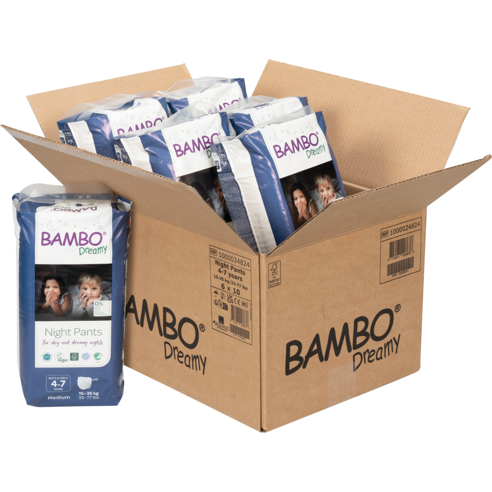CAJA 6 PAQUETES BAMBO NATURE PAÑALES ECOLÓGICOS 60 UND DREAMY NIÑOS 4 TALLA L 7 AÑOS 15-35 KG - 1