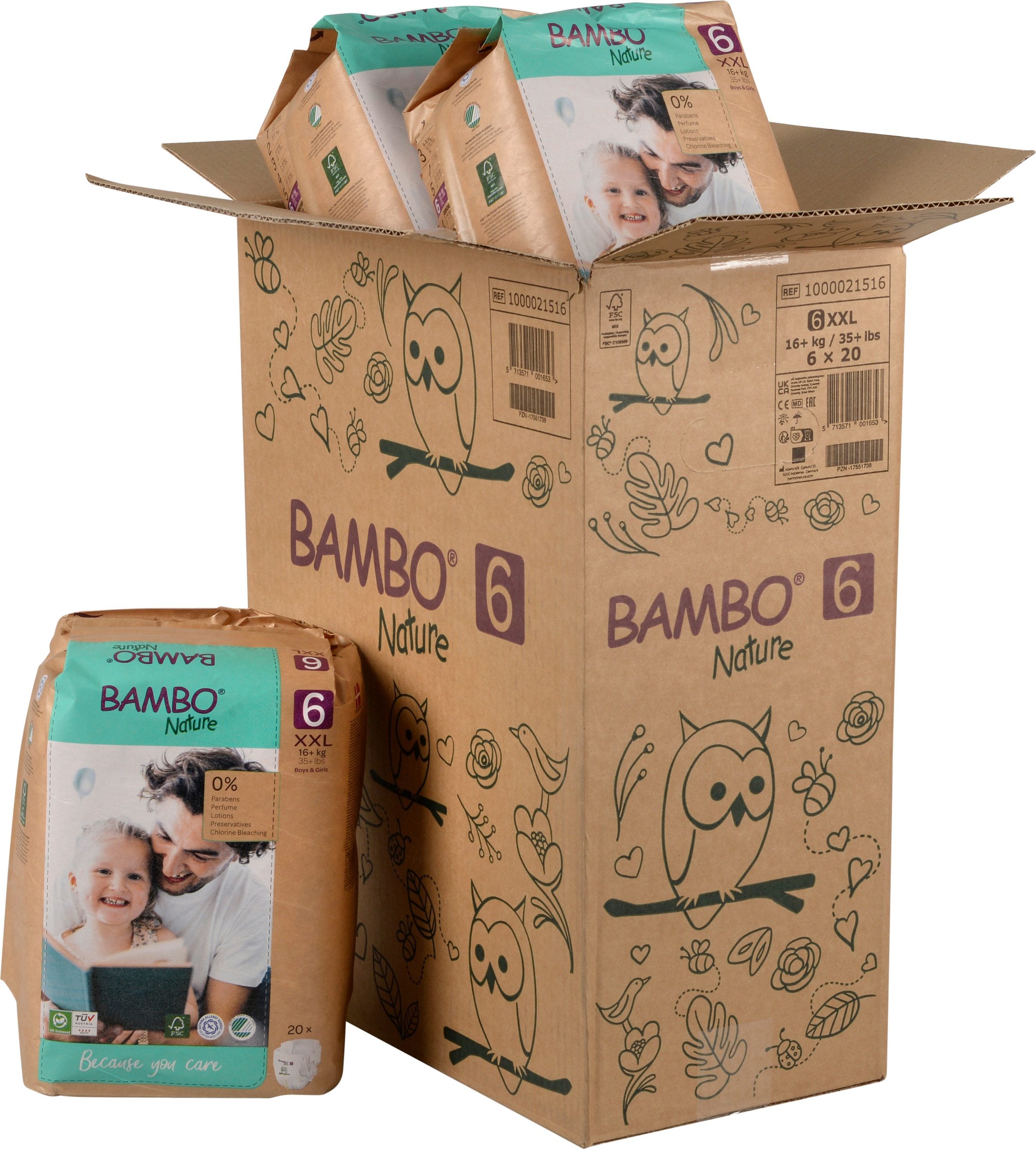 CAJA 6 PAQUETES BAMBO NATURE PAÑALES ECOLÓGICOS 120 UND BEBÉ 6 TALLA XXL 16+ KG - 1