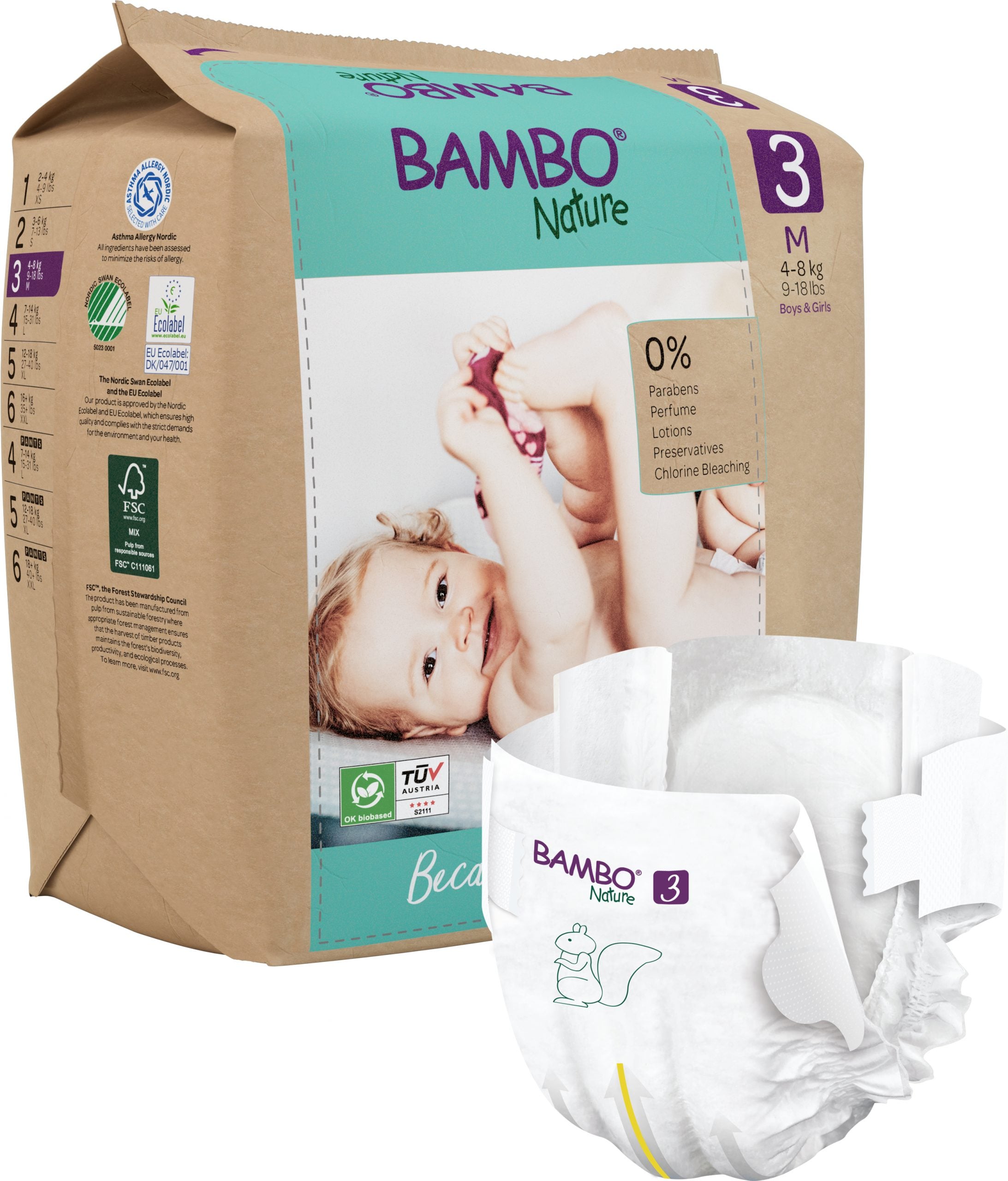 PAQUETE DE PAÑALES BAMBO NATURE ECOLÓGICOS 28 UND PAÑAL ECOLÓGICO BEBÉ 3 TALLA M, 4-8 KG (28 UNID) - 1