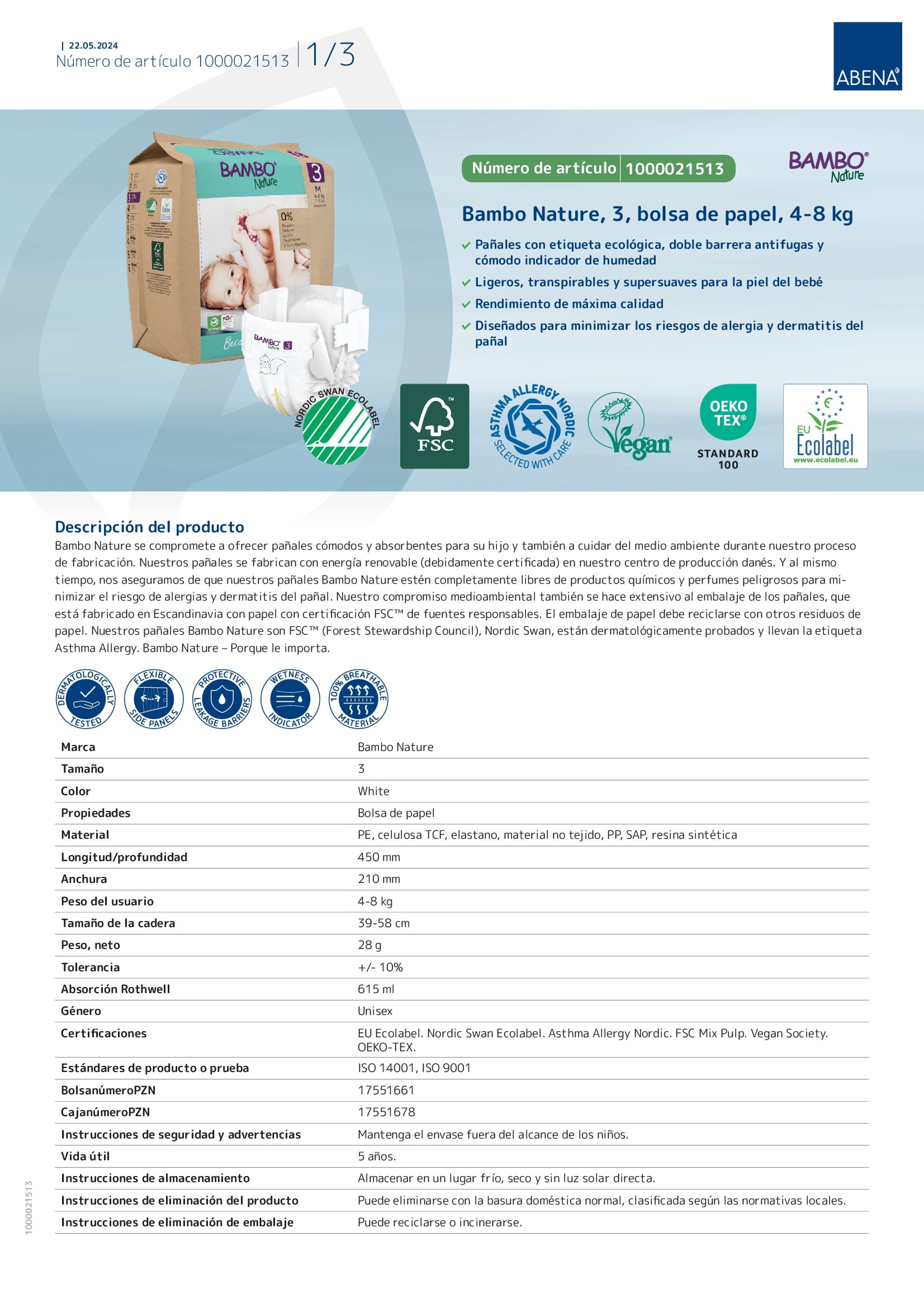 PAQUETE DE PAÑALES BAMBO NATURE ECOLÓGICOS 28 UND PAÑAL ECOLÓGICO BEBÉ 3 TALLA M, 4-8 KG (28 UNID) - 3