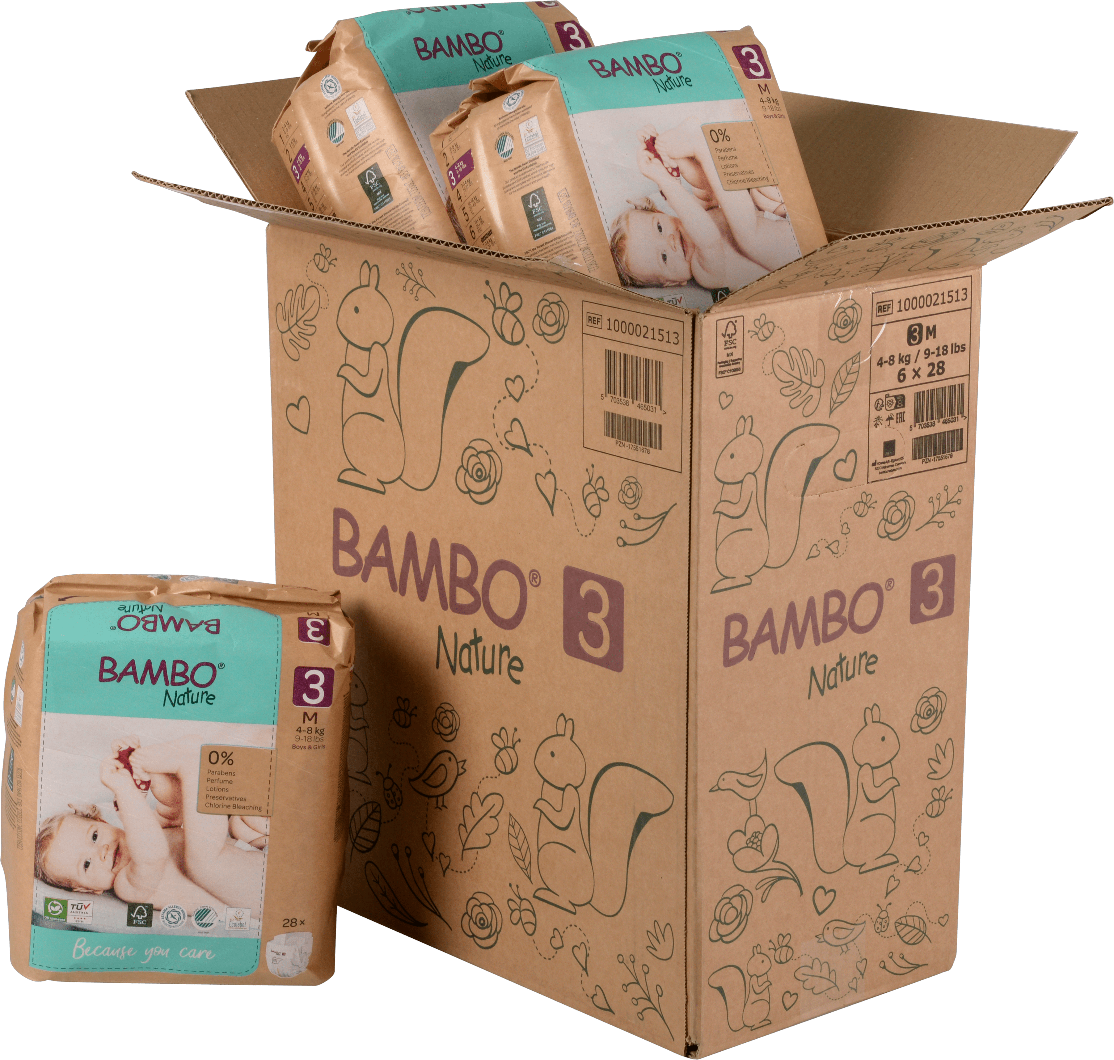 CAJA 6 PAQUETES BAMBO NATURE PAÑALES ECOLÓGICOS 168 UND BEBÉ 3 TALLA M 4-8 KG - 1