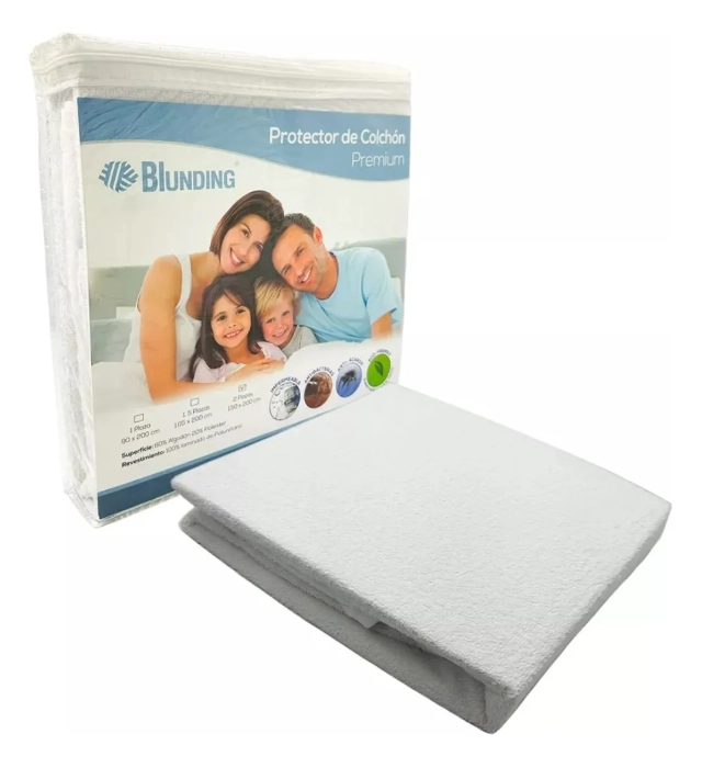 CUBRE COLCHÓN PROTECTOR IMPERMEABLE 2 PLAZAS MARCA BLUNDING EN COLOR BLANCO - 1